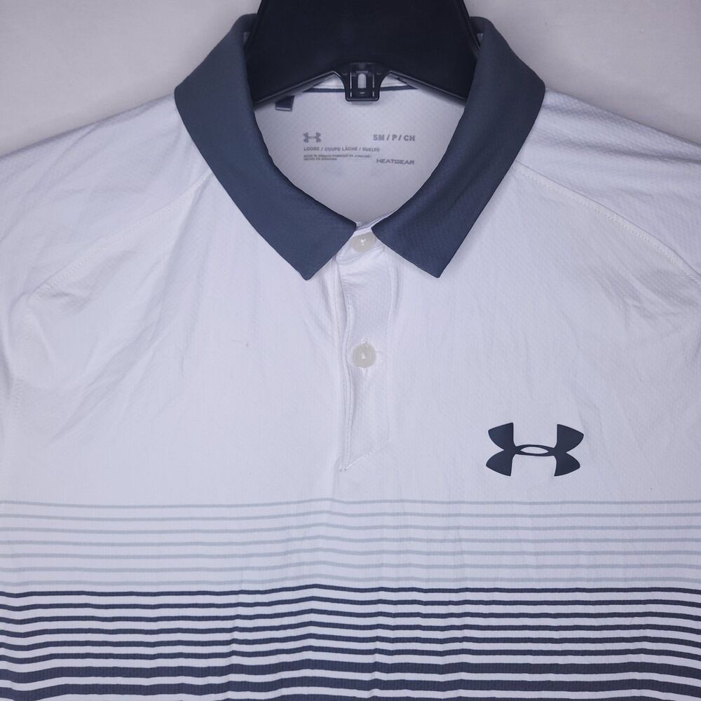 Under Armour Polo Shirt Mens Small Striped White, Gray HeatGear Loose